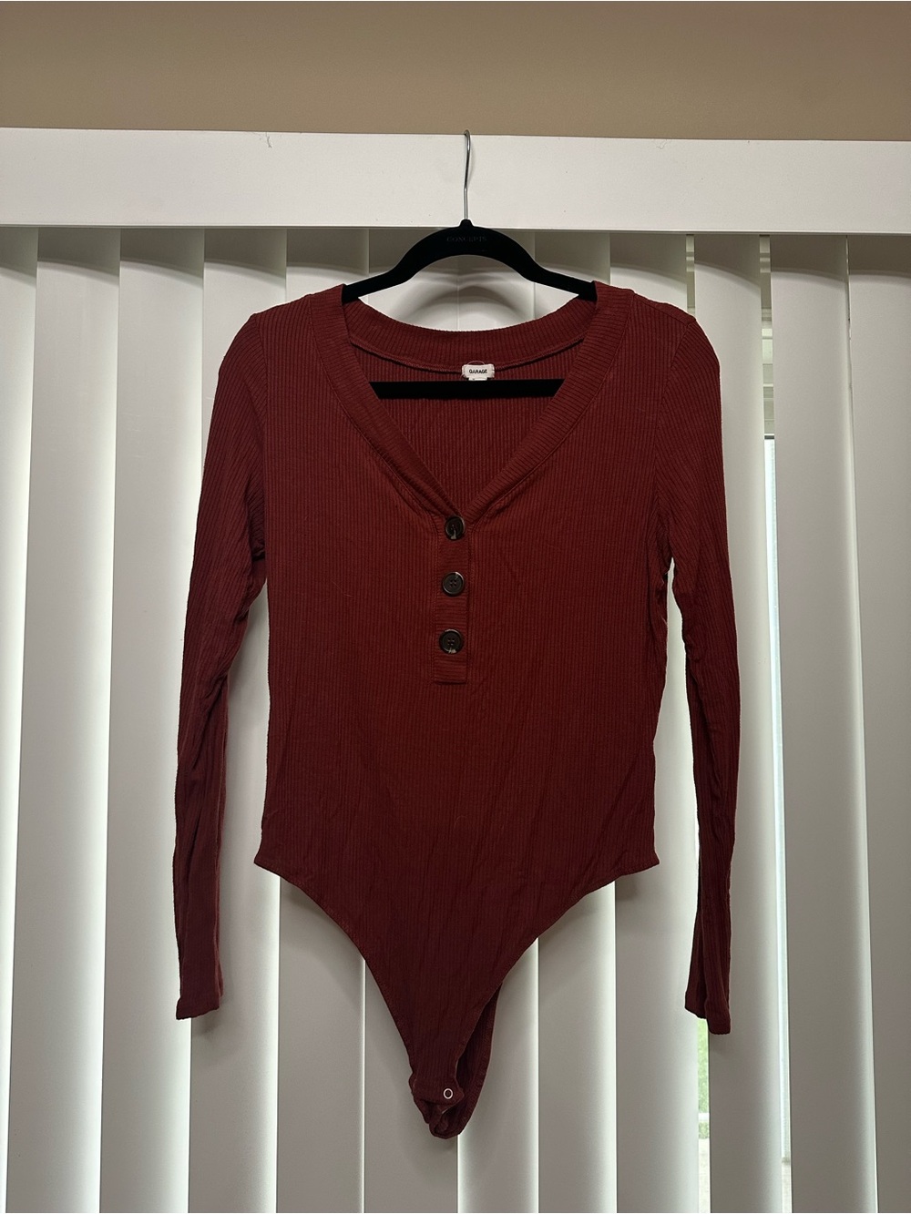 Garage Long Sleeve Ribbed Henley Bodysuit - Rust Red